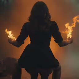 the back of a woman in a black dress holding flames