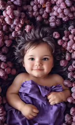 a child with grey hair smiling in a purple blanket