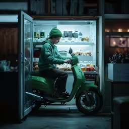 a man riding a green scooter into a refrigerator