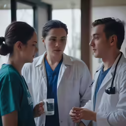 two women and a man in scrubs talk to each other