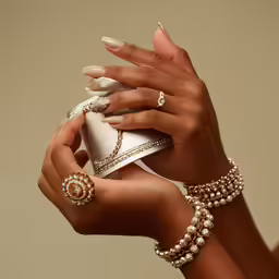 a woman holds up her purse and stacking jewelry