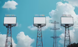 billboards with words on them against a cloudy sky