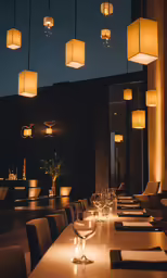 a restaurant with a lot of table settings and lit candles