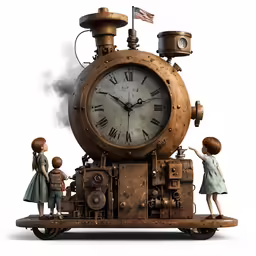 the three children are looking at a giant clock