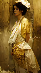 a woman in an old fashion costume with a flower on her hair