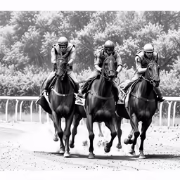 three men racing horses on a race track