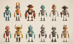 eight humanoids standing around each other in different poses