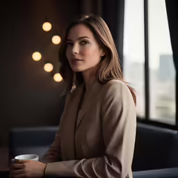 a beautiful woman sitting at a table with a cup of coffee