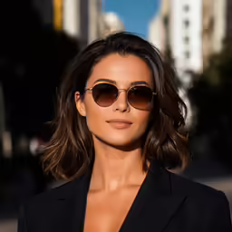 the model has dark hair and is wearing round sunglasses