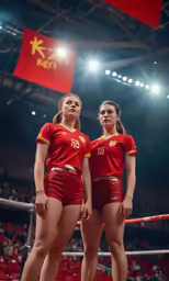 two women are standing on the sidelines during a basketball game