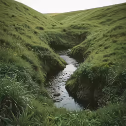 a stream flowing down a hill covered in lush green grass