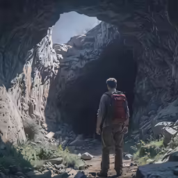 a man in a backpack standing by a rock formations