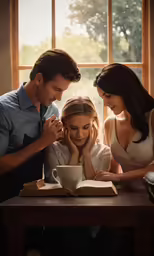 a woman and two men sitting at a table