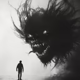 a person standing next to an angry monster