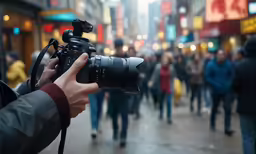 the camera is set up for filming people on a busy city street