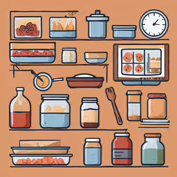 an illustrated drawing of different spices in jars,a shelf with jars, containers and cooking utensils