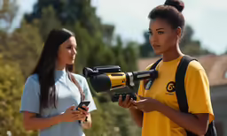 a girl and another girl standing outside using a camera