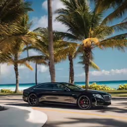 the car is driving on a street lined with palm trees