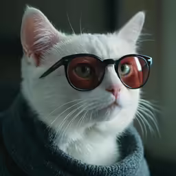 a white cat with glasses and a sweater