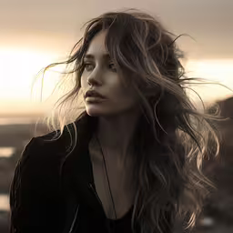 the woman is posing with the wind blowing her hair,a woman with wind blowing her hair in the background