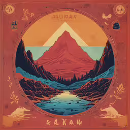 a poster with a mountain scene on it,a mountain range with trees and mountains on the ground