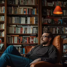 a man in glasses sits in a chair with some books on a shelf