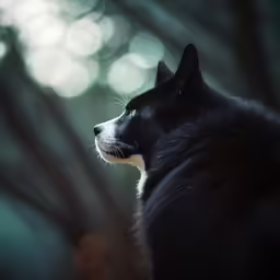 the dog is black and white and looking at something