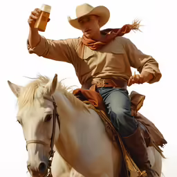 a cowboy on a white horse with a glass of beer in his hand