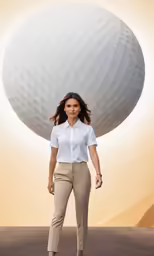 a woman is standing with a huge sphere behind her