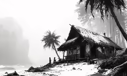 the wooden hut with thatched roof is on the hill