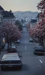 the cars are stopped at an intersection on the city street