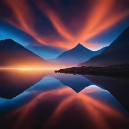 a mountain range with colorful clouds on the night