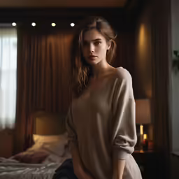 woman in light brown sweater standing on bed