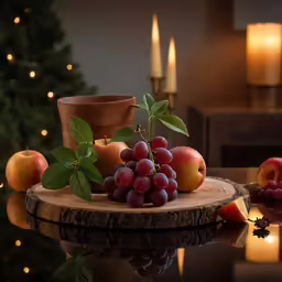 fruit on a wooden slice in front of a candlelight tree