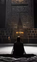 man sitting on rug in front of intricately carved doors