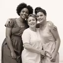 a black and white photo of four women posing for a photograph