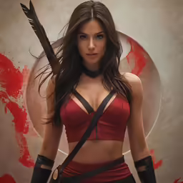 a beautiful woman with an arrow standing in front of a circle