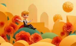 a stylized photo of a child on paper flowers