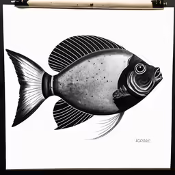 a drawing of a fish on paper with a pen