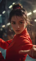 a woman in red sweatshirt standing with her arms spread wide out