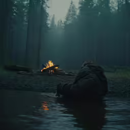 person in water with fire near evergreen forest