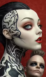 two dolls each have various bodies with different tattoos