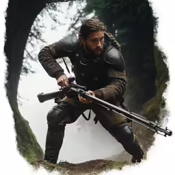 the man in full armor is holding two guns