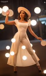 a woman in a dress and hat is posing for a photo