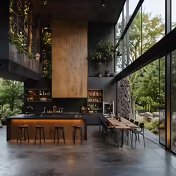 a dark room with some chairs and tables in it