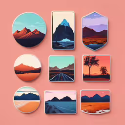 an assortment of badges depicting different kinds of landscape and mountains,a group of colorful pictures on a pink surface
