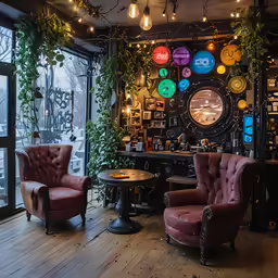 a room with chairs, tables and lights in it