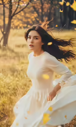 a woman in white in a field and falling leaves