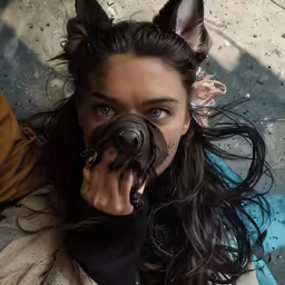 the woman is holding her cat like object to her face