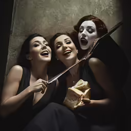 three women with a knife and an object are posing together